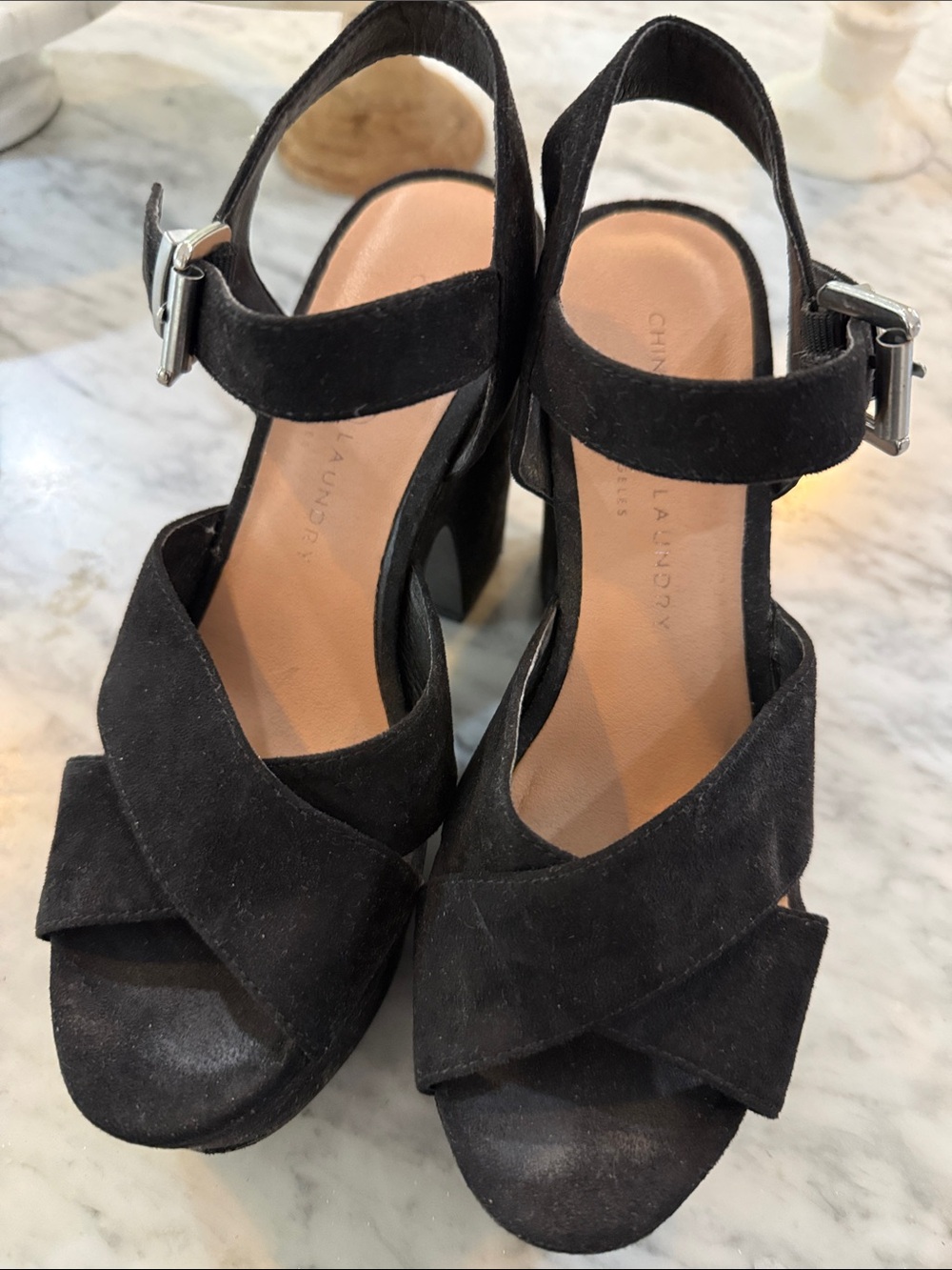 Chinese Laundry Black Suede Cross-Strap Block Heels 7.5/38